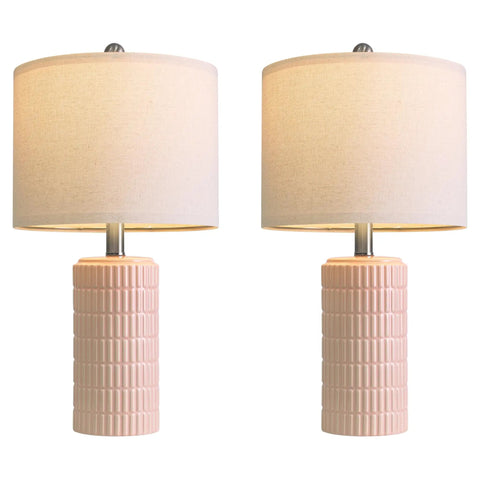 Set Of 2 24.75 Inch Ceramic End Table Lamps For Living Room Bedroom Office Farmhouse Cozy Decor With Linen Drum Shades Modern Contemporary Nightstand Lamps