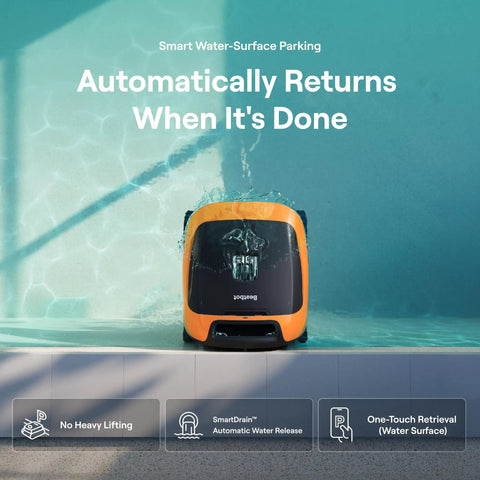 Sora 30 Pool Vacuum Robot 4 In 1 Cleaner floating in pool, showing smart surface parking in vibrant orange.