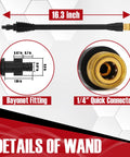 Pressure Washer Spray Gun And 32 Foot Hose Kit With Extension Wand And Five Nozzle Tips Beast Heavy Duty Attachment Compatible With Ford Husky Black Decker Pulsar Portland Powerwasher ShopForce TaskForce TaskMaster Sun Joe, extension wand details including 16.3-inch length, bayonet fitting, and 1/4 inch quick connector.