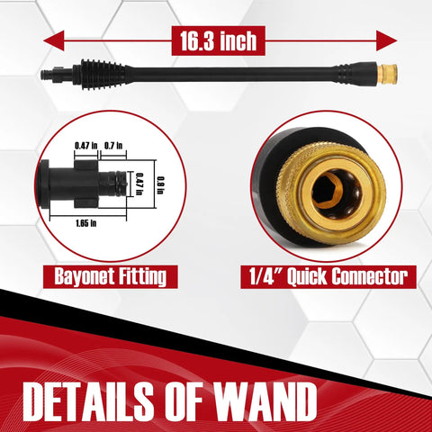 Pressure Washer Spray Gun And 32 Foot Hose Kit With Extension Wand And Five Nozzle Tips Beast Heavy Duty Attachment Compatible With Ford Husky Black Decker Pulsar Portland Powerwasher ShopForce TaskForce TaskMaster Sun Joe, extension wand details including 16.3-inch length, bayonet fitting, and 1/4 inch quick connector.