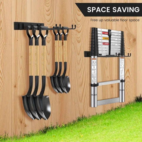 Heavy Duty Folding Chair Storage Rack Set for Garage and Home, Space-Saving Wall-Mount Organizer With 12.2 Inch Utility Hooks, Holds 4 to 6 Folding Chairs Per Rack, Durable Metal Design, 2-Pack installed on wooden wall