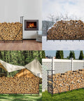 Eight Foot Outdoor Firewood Rack With Waterproof Carrier Bag And Adjustable Heavy Duty Steel Holder shown in various settings