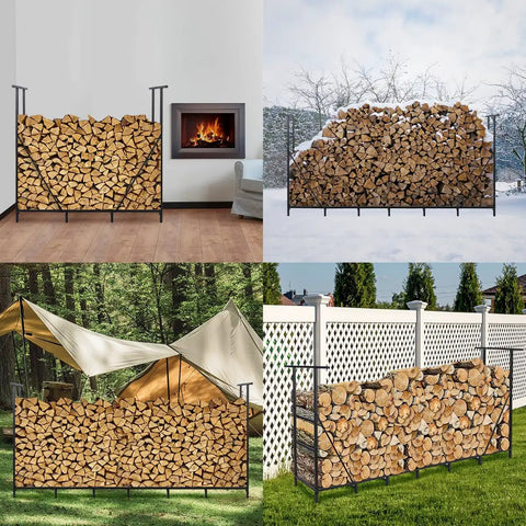 Eight Foot Outdoor Firewood Rack With Waterproof Carrier Bag And Adjustable Heavy Duty Steel Holder shown in various settings