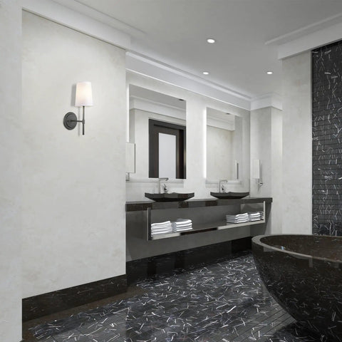 Matte Black 1-Light Wall Sconce With White Fabric Shade, Dimmable Transitional Lantern Style Wall Light in modern bathroom