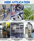 Various applications of 100 Ft 6mm ID 4mm OD Polyurethane Air Hose in pneumatic systems, factories, irrigation, woodworking, labs, and compressors.