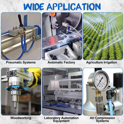Various applications of 100 Ft 6mm ID 4mm OD Polyurethane Air Hose in pneumatic systems, factories, irrigation, woodworking, labs, and compressors.