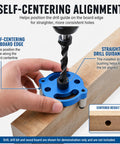 Right On Track Self Centering Dowel Jig Kit With Multiple Size Drill Bushings For Flawless Wood Joinery And Precise Hole Placement Easy Bench Tool That Cuts Setup Time In Half demonstrating self-centering alignment on a wood board.