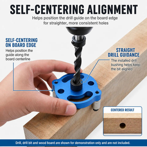 Right On Track Self Centering Dowel Jig Kit With Multiple Size Drill Bushings For Flawless Wood Joinery And Precise Hole Placement Easy Bench Tool That Cuts Setup Time In Half demonstrating self-centering alignment on a wood board.