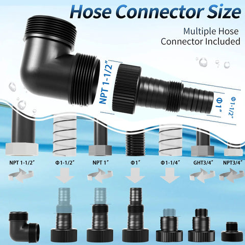 Various hose connectors including NPT threaded fittings for 1HP Submersible Sump Pump For Clean Or Dirty Water 4600 GPH Utility Pump.