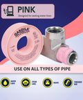Pink PTFE Thread Seal Tape For Leak Proof Plumbing And HVAC Pipes, shown with thread joint application, 0.5in x 260in roll