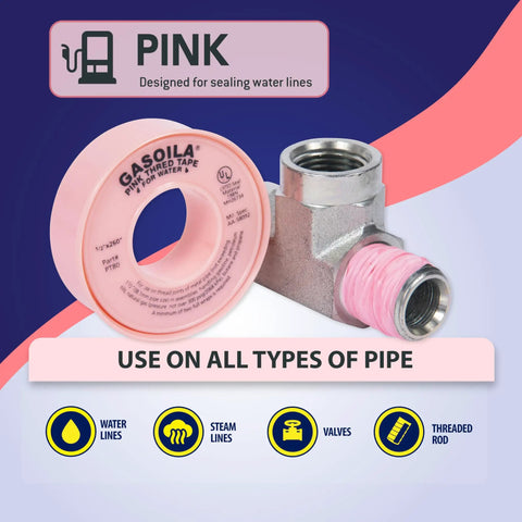 Pink PTFE Thread Seal Tape For Leak Proof Plumbing And HVAC Pipes, shown with thread joint application, 0.5in x 260in roll