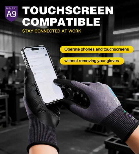 Person using phone with ANSI A9 Cut Resistant Work Gloves With BCOMB Breathable Grippy Fabric Extended Thumb Reinforcement