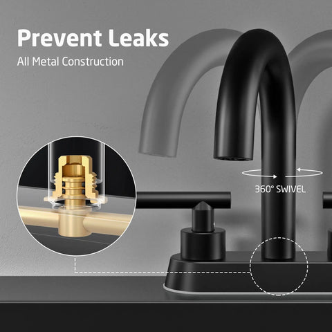 All Metal 4 Inch Matte Black Bathroom Sink Faucet Centerset Vanity With Two Handles, Sleek Stainless Steel Build