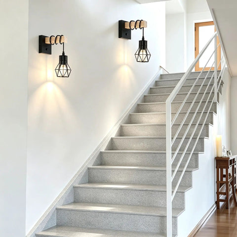 BANGANMA 2 Pack Farmhouse Wall Sconces, Hardwired E26 Wood Cage for Bedroom illuminating a modern staircase.