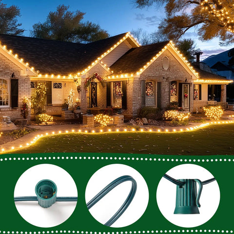 Vintage Clear C9 Christmas String Lights 100 Ft Outdoor Waterproof Lights With 100 Glass Bulbs On Green Wire illuminating a house