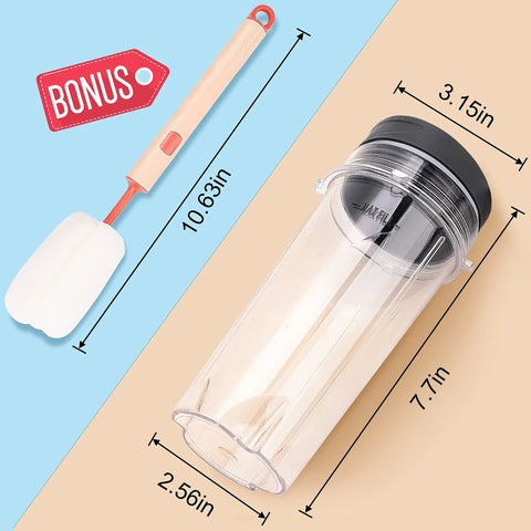 Replacement 16 Oz Blender Cup Set With Six Fin Blade Assembly For Personal Blenders showing cup dimensions and bonus spatula