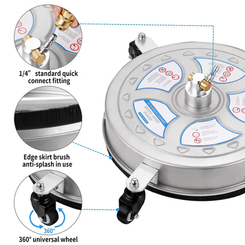 Diagram of 16 Inch Pressure Washer Surface Cleaner for 4000 PSI Power Washers with 1/4 Inch Quick Connect, showing features and components.