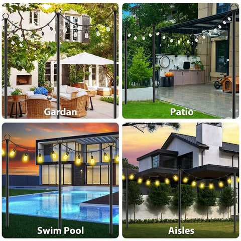 4 Pack 10Ft Outdoor String Light Poles With Forked Stands in garden, patio, poolside, and aisle setups