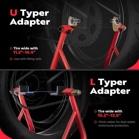 Beefy Heavy Duty Motorcycle Paddock Stands For Front And Rear Wheel Lift 882 Lbs Capacity UL Adjustable Swingarm Spool Durable Steel Frame