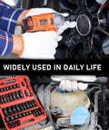Person using Impact Socket Set For Three Eighths Drive With SAE And Metric Sizes From Eight To Twenty Two Millimeters 48 Piece CRV Steel Six Point Sockets