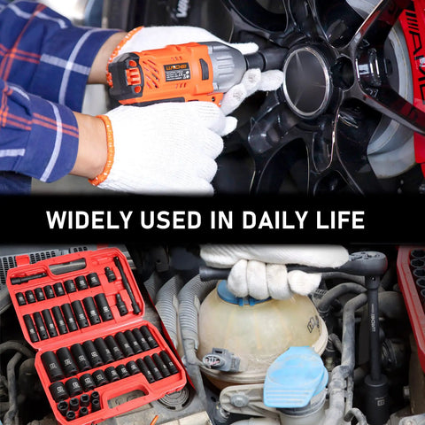 Person using Impact Socket Set For Three Eighths Drive With SAE And Metric Sizes From Eight To Twenty Two Millimeters 48 Piece CRV Steel Six Point Sockets