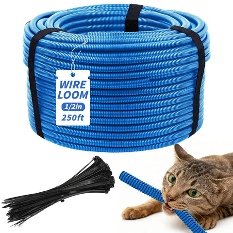 Blue Split Wire Loom Tubing Half Inch 250 Ft Auto Marine Wire Protector Conduit Kit with tool and 50 cable ties, cat chewing.