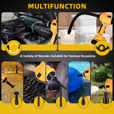 Cordless Dust Blower For 20V Battery High Power Handheld Air Duster Delivers 447 MPH Wind 50,000 RPM 3 Gear Stepless Speed Beast Mode For Garage Workshop Sawmill And Home Cleaning shown with multiple nozzles and uses.