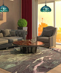Sea Blue Pearl Tiffany Style Stained Glass Pendant Light With Swag Chain Ceiling Fixture in living room setting