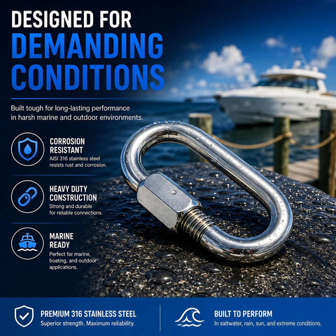 316 Stainless Steel Quick Link Chain Connector Carabiner For Chain Rope Anchor Rigging Recovery And Sailing Gear Marine Grade With Screw Lock Built To Last Fast Secure Attachment 9mm 11/32 Inch Size Pack shown on wet dock