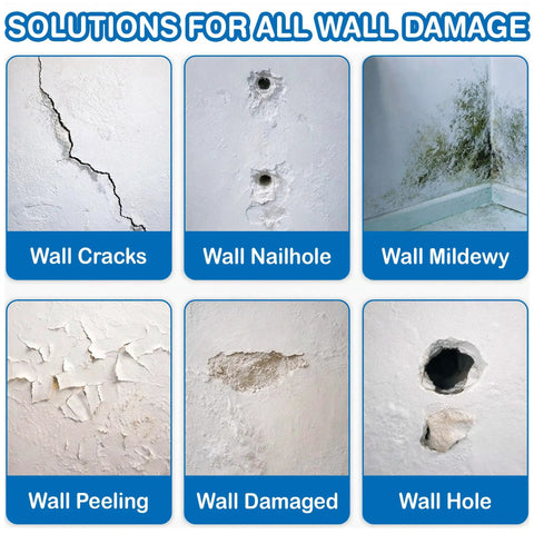 Image showing various wall damages including cracks, nail holes, mildew, peeling, damage, and holes.