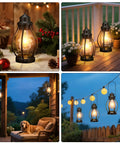 Two Pack Battery Powered LED Lanterns With Dimmerable Warm White Edison Bulbs Vintage Oil Lantern Look on porch at night