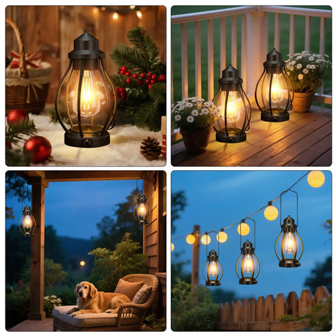 Two Pack Battery Powered LED Lanterns With Dimmerable Warm White Edison Bulbs Vintage Oil Lantern Look on porch at night