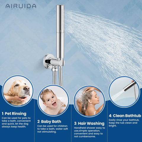 Shower faucet in use showing different functions: pet rinsing, baby bath, hair washing, bathtub cleaning. Visible spray patterns.