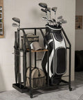 Mobile Golf Storage Organizer For Garage With Locking Casters Heavy Duty Golf Bag Rack To Move Your Gear Easily Ultimate Golf Club And Accessory Storage Solution, black steel frame, holds golf bag and accessories.