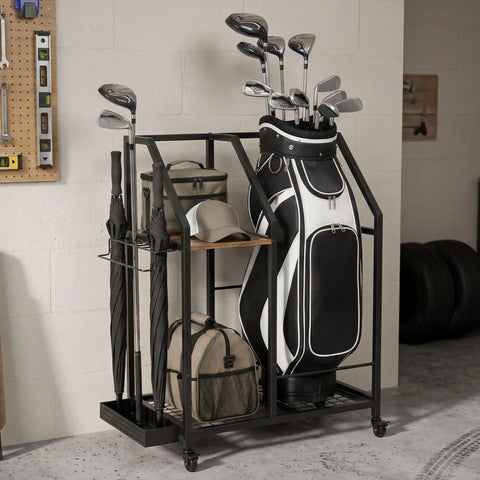 Mobile Golf Storage Organizer For Garage With Locking Casters Heavy Duty Golf Bag Rack To Move Your Gear Easily Ultimate Golf Club And Accessory Storage Solution, black steel frame, holds golf bag and accessories.