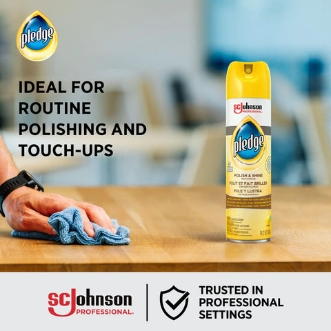 Pro Grade Furniture Polish Spray With Zesty Lemon Scent Bulk Six Pack Aerosol Cleaner For Sealed Wood And Hard Surfaces Killer Shine Work Ready Formula For Everyday Hustle Clean being used on a wooden table.