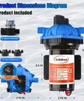 Product dimensions diagram of 12V RV Fresh Water Pump With 7 GPM At 70 PSI, Five Chamber Self Priming Diaphragm, 12V DC Operation.