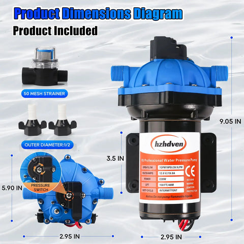 Product dimensions diagram of 12V RV Fresh Water Pump With 7 GPM At 70 PSI, Five Chamber Self Priming Diaphragm, 12V DC Operation.