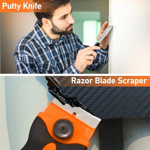 Person using putty knife on wall, orange razor blade scraper on fabric surface