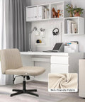 Criss Cross Chair For Home Office No Wheels Cross Legged Desk Chair With Swivel And Adjustable Height in beige fabric next to a desk