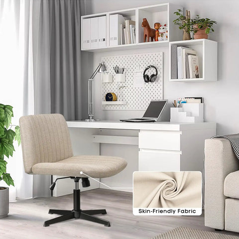 Criss Cross Chair For Home Office No Wheels Cross Legged Desk Chair With Swivel And Adjustable Height in beige fabric next to a desk