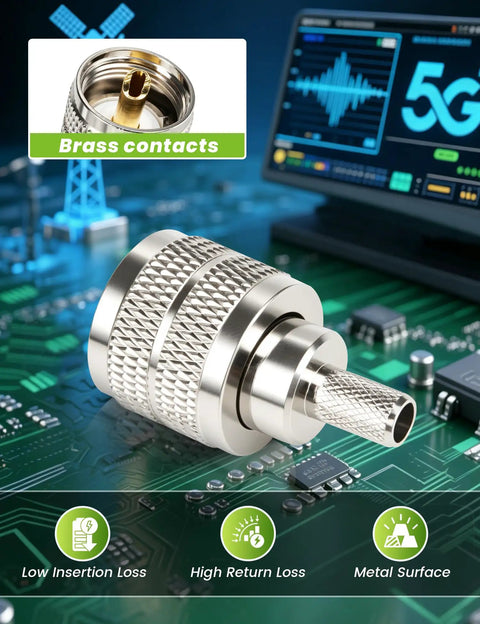 Six Pack UHF Male Crimp Connectors For RG8X LMR240 KMR240 4D FB Coax Cables PL259 J4 Coax Adapter, close-up on circuit board
