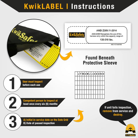 Scorpion Built Tough Full Body Safety Harness With 6ft Tubular Lanyard ANSI instruction label details and safety guidelines.