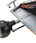 Close-up view of electric go-kart featuring steel frame and aluminum wheels for kids 8 and up with 12 MPH top speed and 24V rechargeable battery.