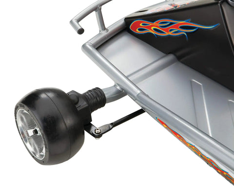 Close-up view of electric go-kart featuring steel frame and aluminum wheels for kids 8 and up with 12 MPH top speed and 24V rechargeable battery.