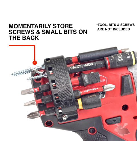 Side Mount Magnetic Bit Holder For Quarter Inch Hex Drill Bits boosts power tool organization with screws stored on drill.