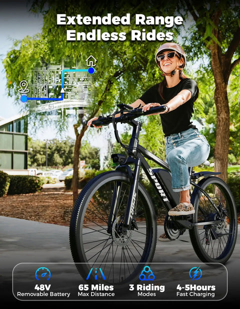 Rider on Electric Mountain Bike For Adults With A Beastly 1500W Peak Motor, 28 MPH Top Speed, 65 Mile Range, outdoors