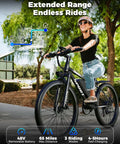 Woman riding Electric Mountain Ebike For Adults With 1500W Peak Motor, 25 MPH Top Speed, 65 Mile Range in a park