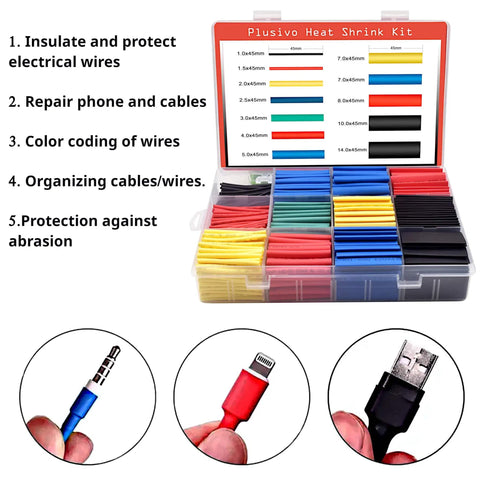 Heat Shrink Tubing Kit With 800 Pieces Two To One Ratio for electrical insulation and wire wraps, 11 sizes, 5 colors in case