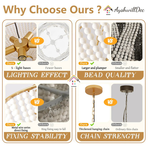 Comparison chart of Five Light 20 Inch Boho Wood Beaded Chandelier with lighting effect, bead quality, fixing stability, chain strength features